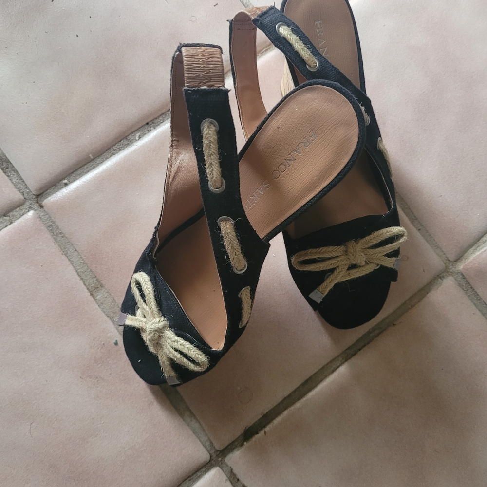 Franco Sarto Black Suede Rope-Trim Slingback Wedges